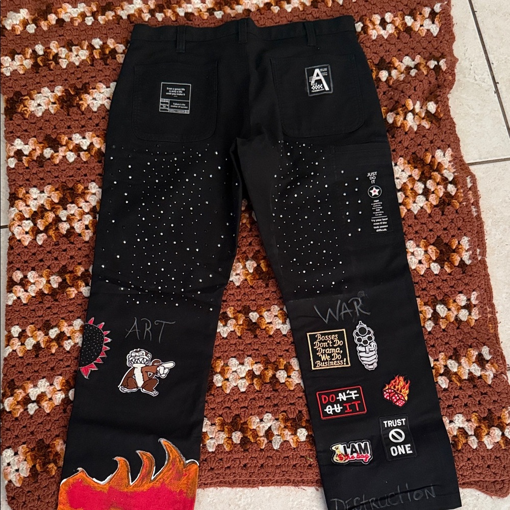 Black Graphic Patchwork Pants - image 1